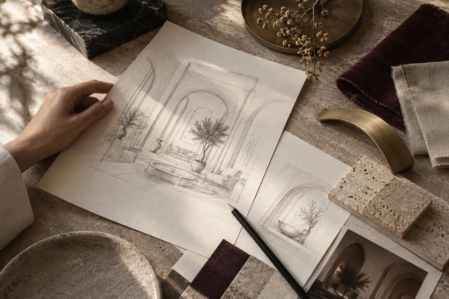 Conceptual planning study with architectural drawings and brand material samples